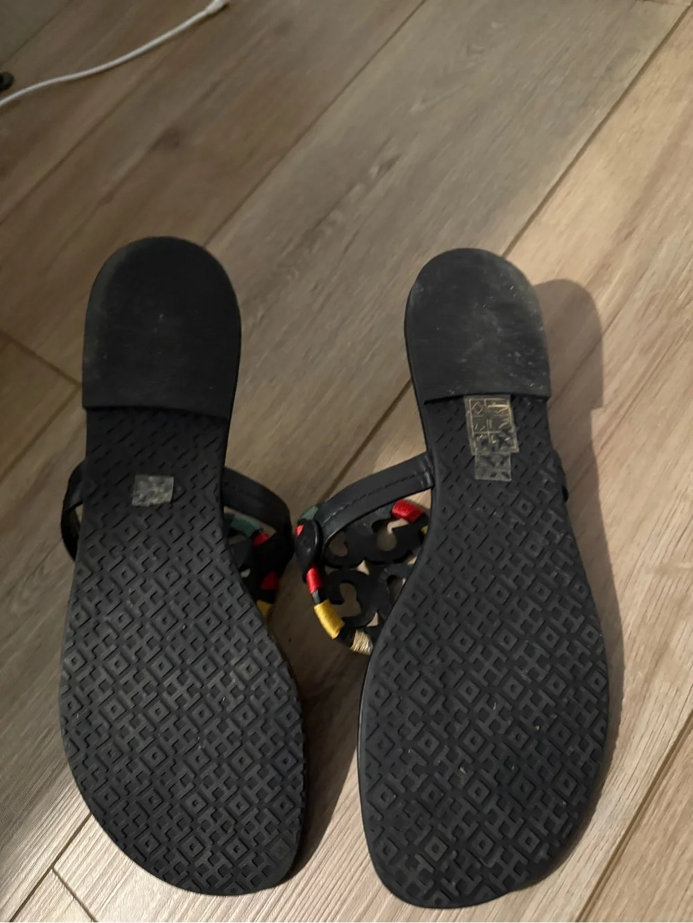 Tory Burch Black Leather Thong Sandals with Multicolor Braided Trim